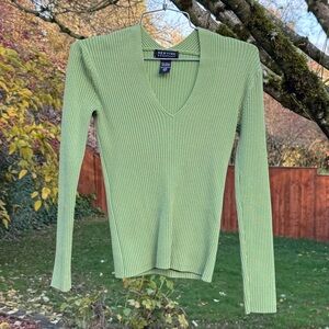 Y2K Green V-Neck Ribbed Sweater